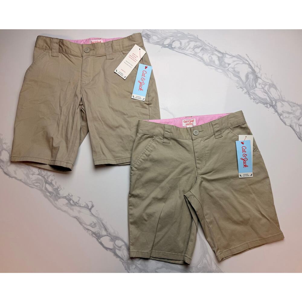 Cat & Jack Girls Uniform Shorts Size 8 Khaki Lot of 2 Pink Waist NWT